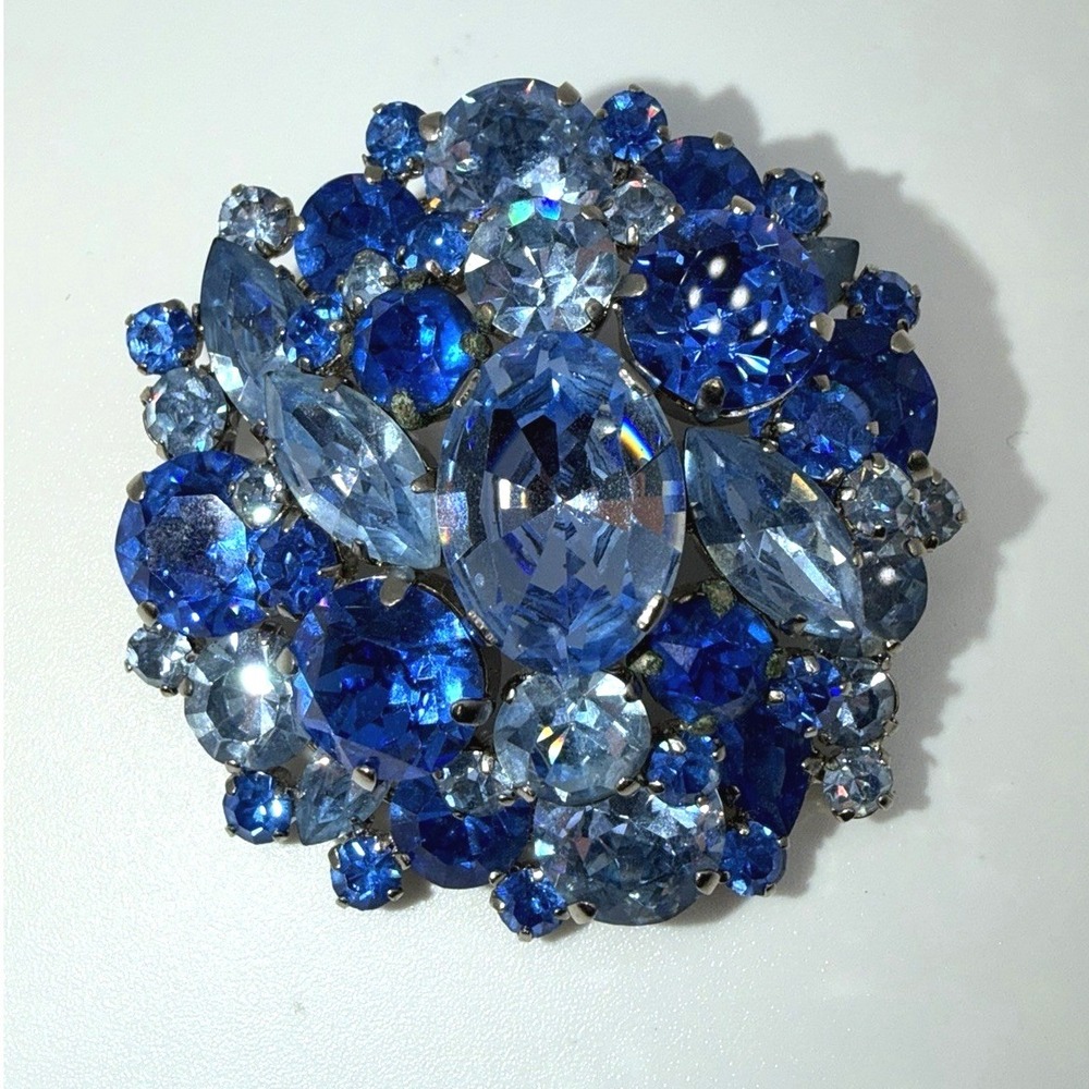 Vintage Austria Brooch Blue Rhinestone Pin Large Domed Layered Crystal Estate